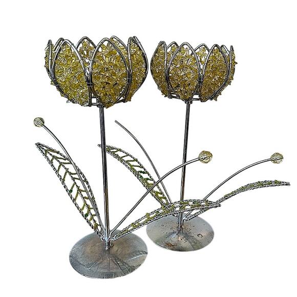 4-Piece Set Lotus Flower Votive Candle Holders Beaded Yellow Silver Unique - Picture 4 of 12